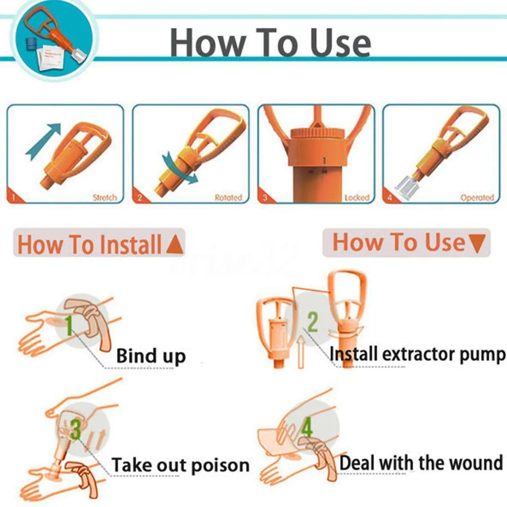 Orange portable venom extractor suction pump first aid kit with storage box open, showing pump, cups, and swabs.