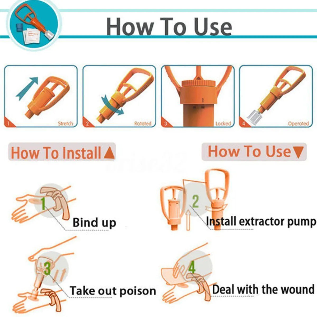 Orange portable venom extractor suction pump first aid kit with storage box open, showing pump, cups, and swabs.