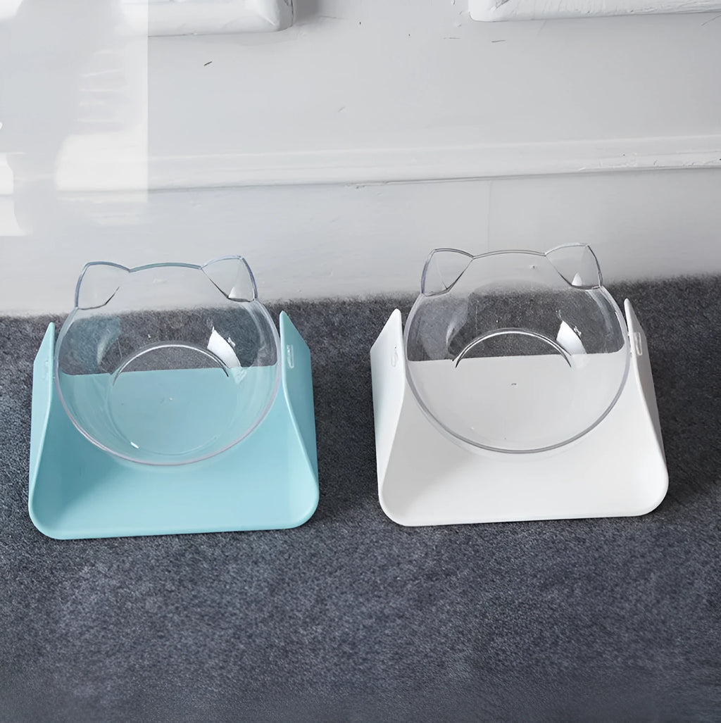 Protective cervical cat bowl in plastic with raised bevel design, shown in blue, pink, black, white, or yellow format.