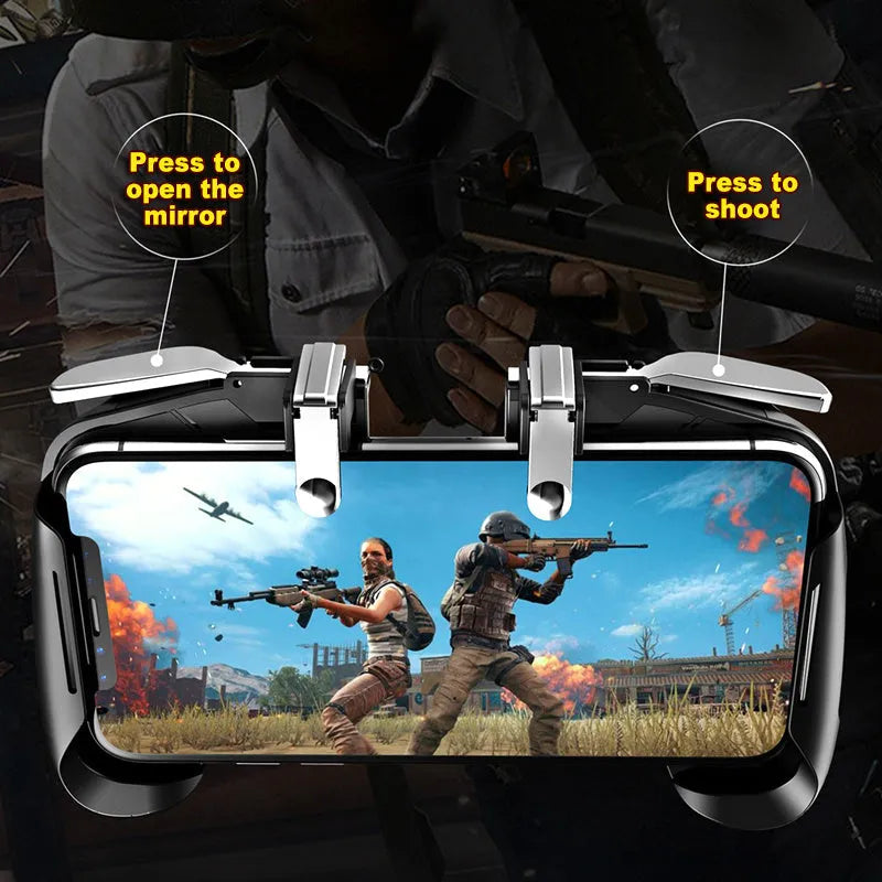 Multifunctional mobile game handle for smartphones in black, blue, or white with universal clip.