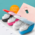 Compact stapler-free embossed paper binder in random colour on white background