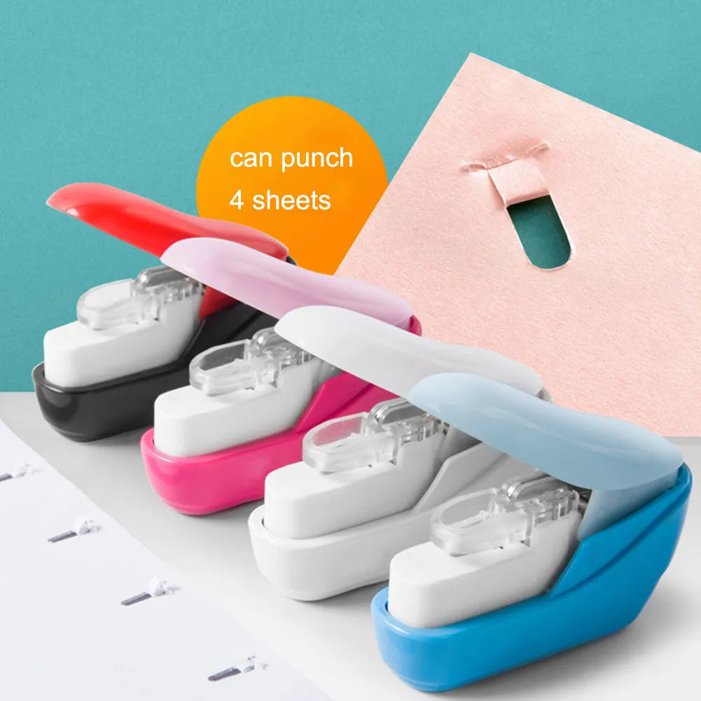 Compact stapler-free embossed paper binder in random colour on white background