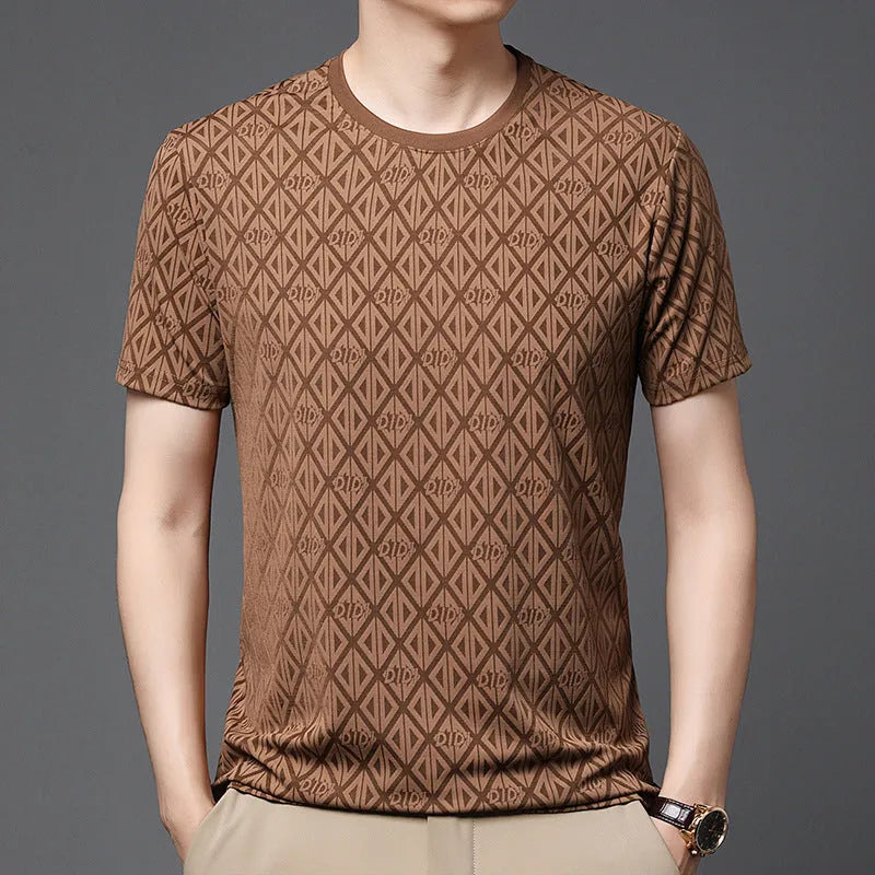 Man wearing a loose fit round neck short sleeve shirt in ice silk fabric.