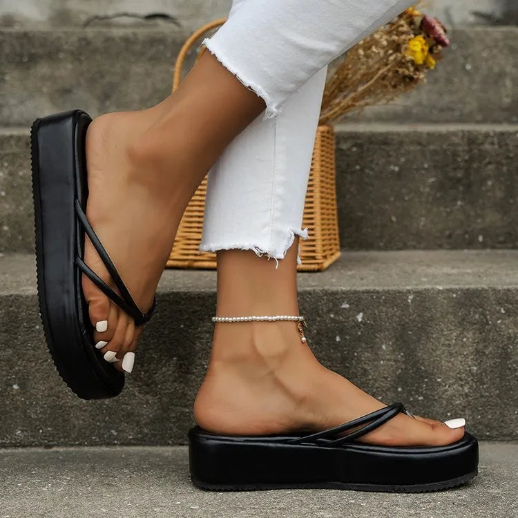 A pair of thick-soled flip-flops with a herringbone pattern PU upper in one of six available colours.
