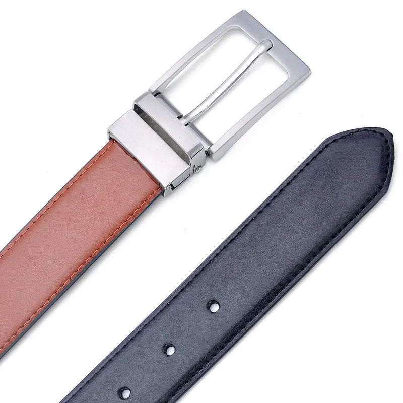 Men's brown and black genuine leather belt with rotating alloy pin buckle
