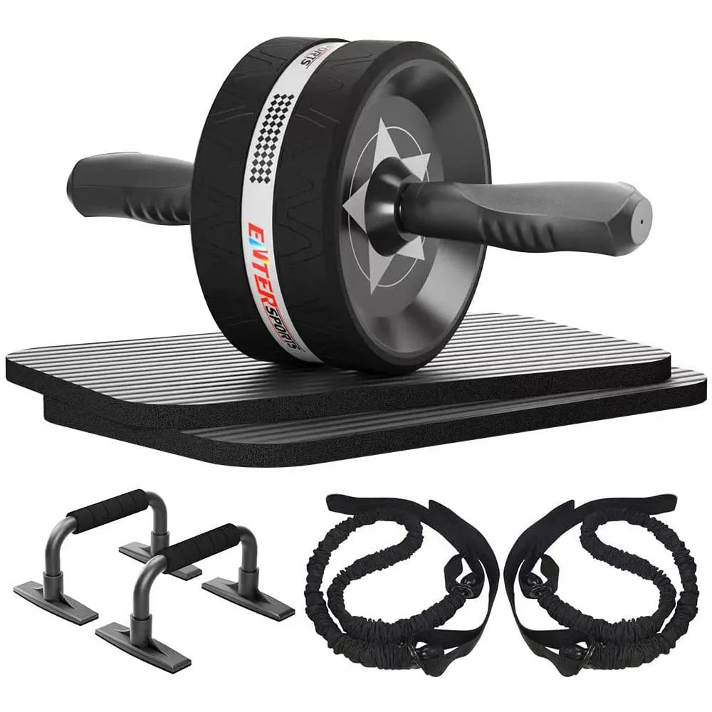Set of seven abdominal wheels with push-up bracket in red, green, black, and blue colours for indoor fitness.