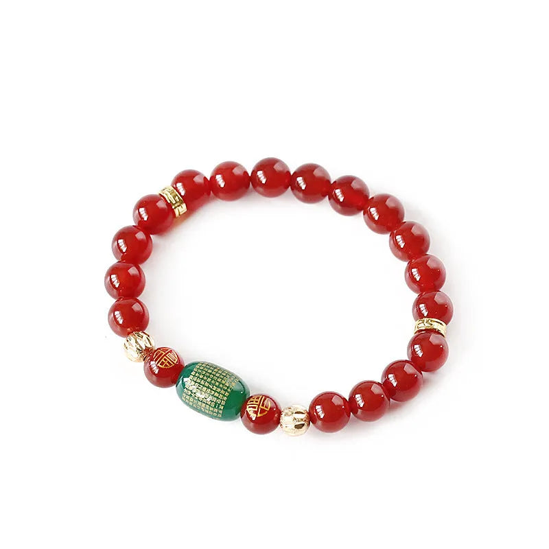 A new Chinese style agate Guanyin bracelet rosary with auspicious patterns, shown in green and red colour options.