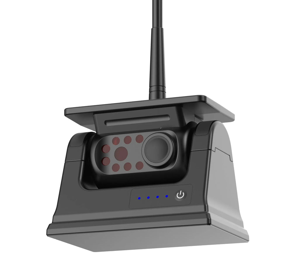 Solar-powered wireless car reversing camera with magnetic base, showing aluminum alloy housing and wide-angle lens.
