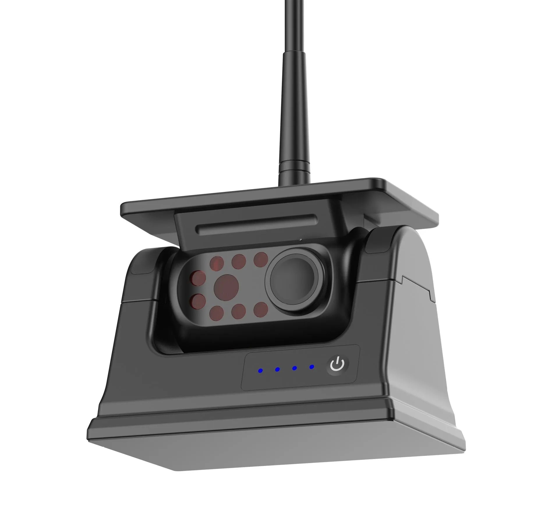 Solar-powered wireless car reversing camera with magnetic base, showing aluminum alloy housing and wide-angle lens.