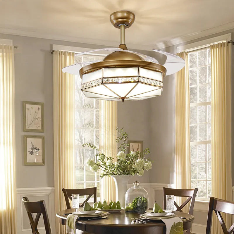 Gold 42 inch ceiling-mounted silent fan light with invisible blades and remote control.