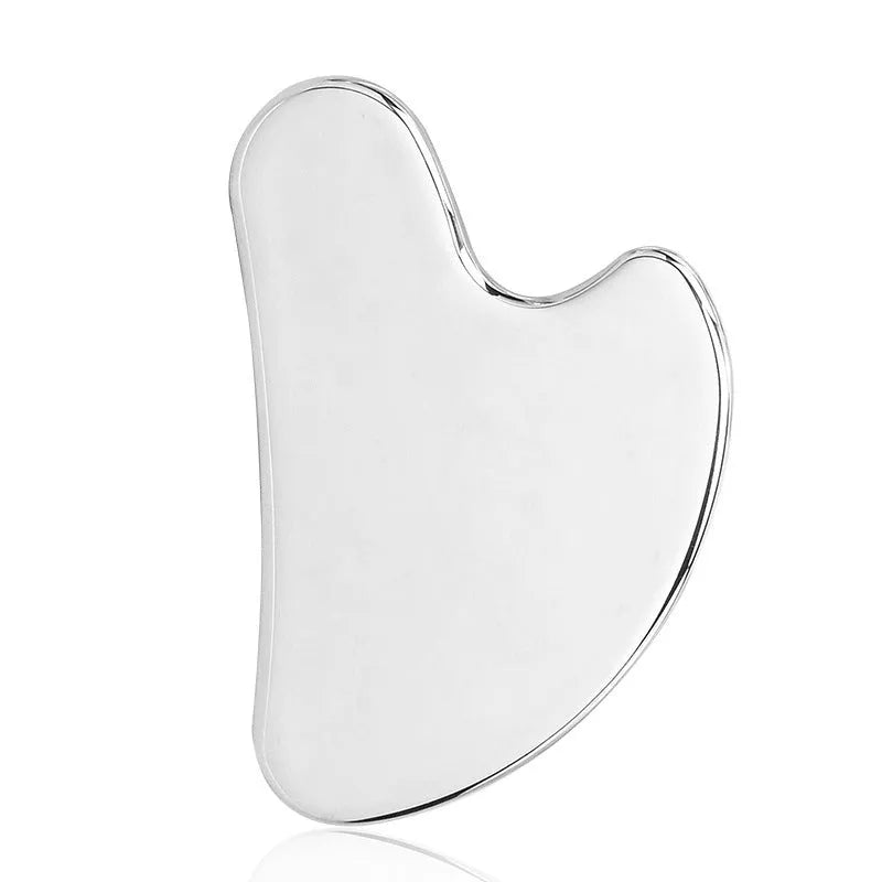 Stainless steel facial roller and scraping plate set for manual acupuncture and massage.
