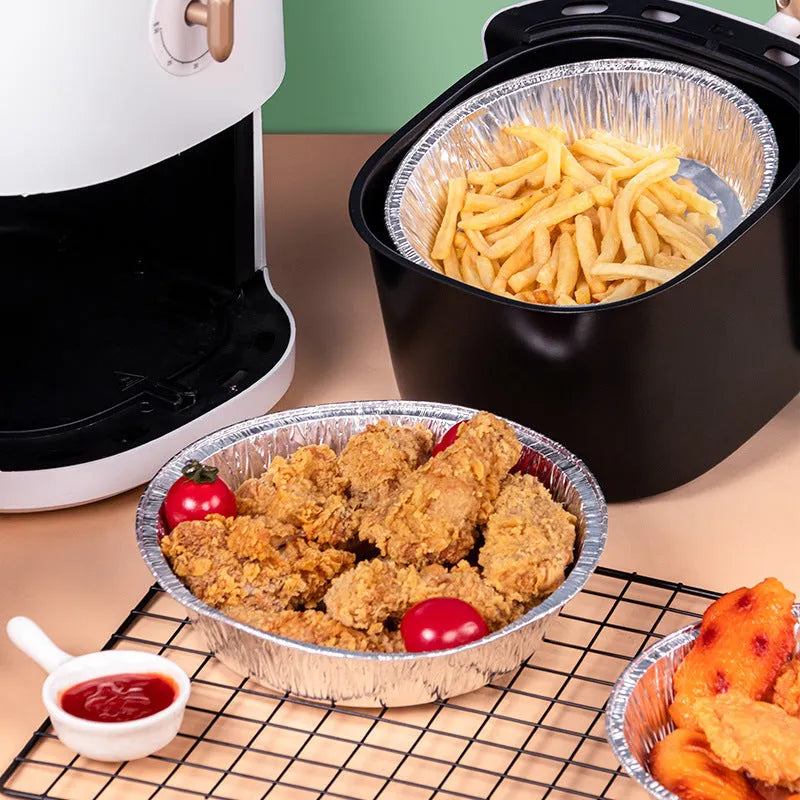 Round aluminium foil air fryer liner with 4 cm deep edge, non-stick and oil-proof, available in 14.5 cm to 23 cm diameters