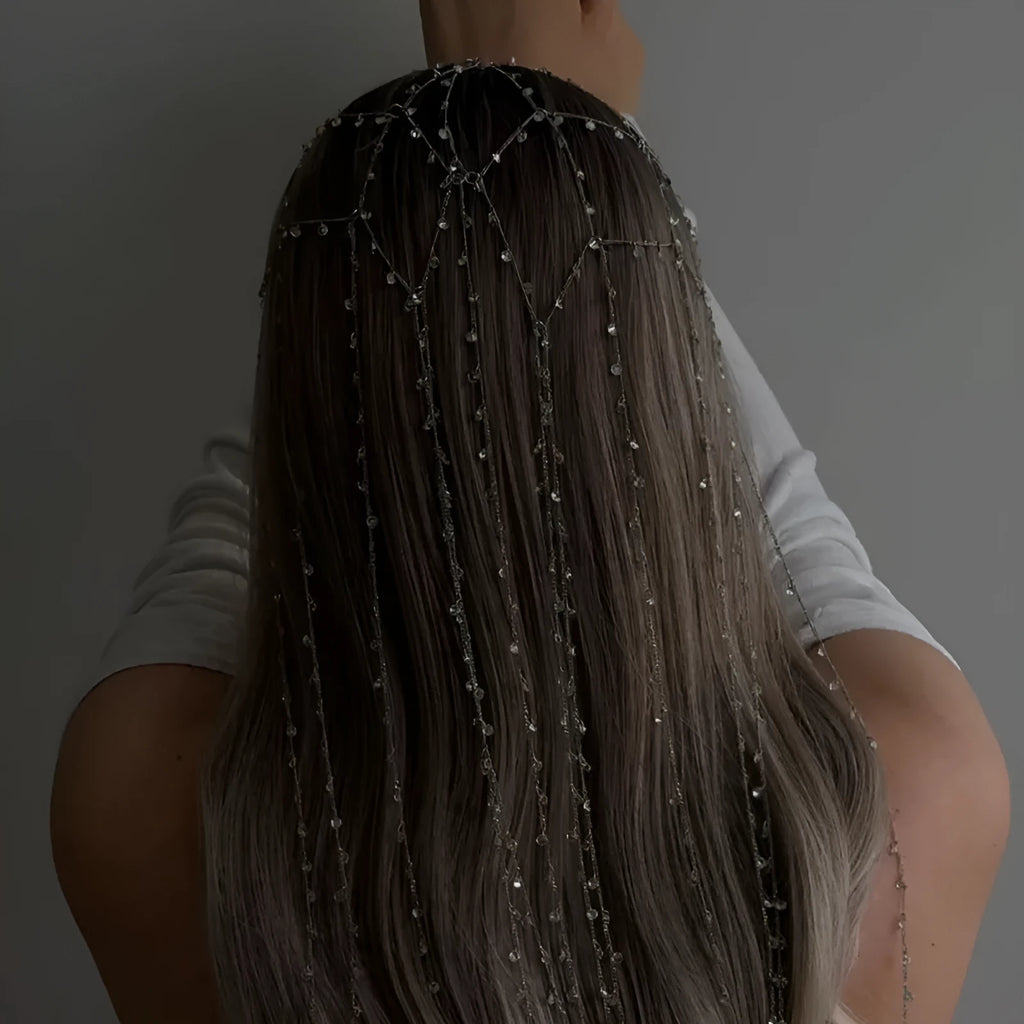 Gold mesh hair band with rhinestone decoration and tassel detail for formal hairstyles
