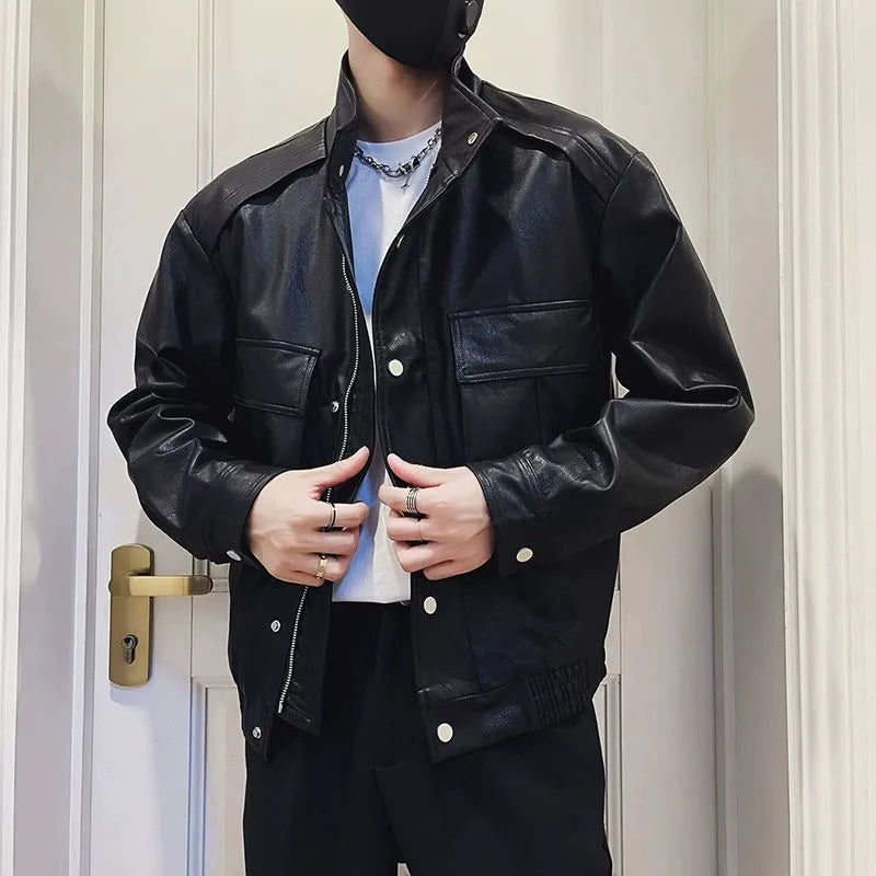 Korean style black PU leather pilot jacket for men with straight hem design