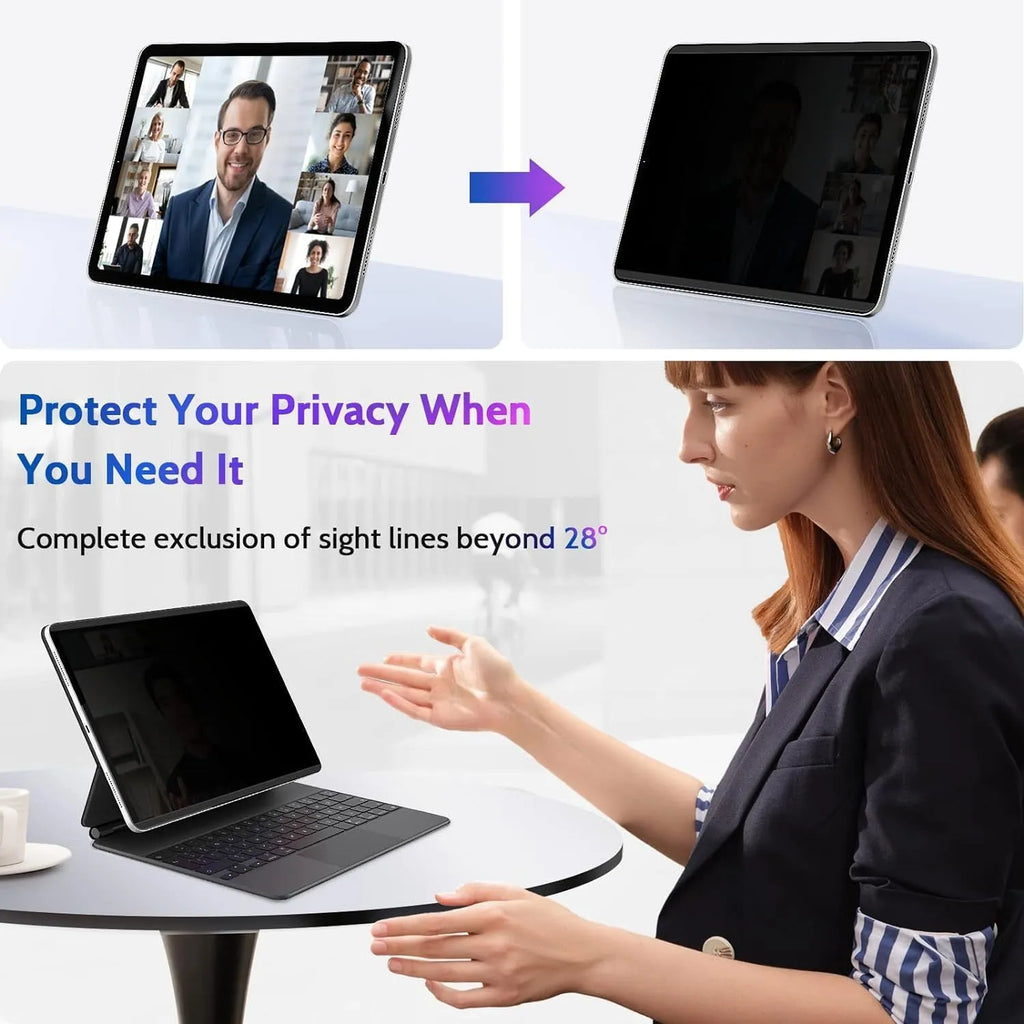 Magnetic iPad privacy screen protector and storage clip on a table