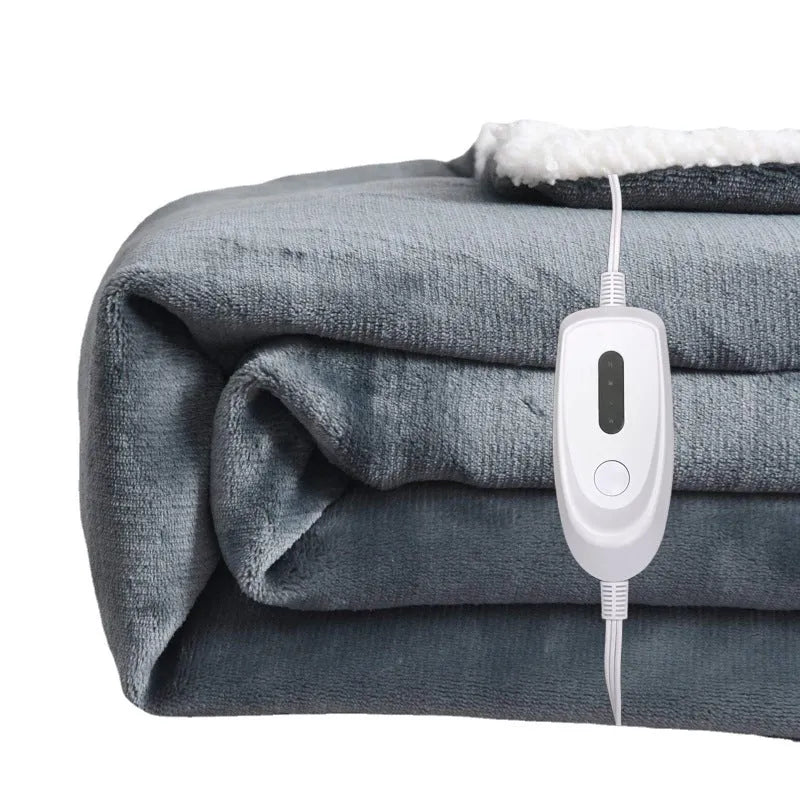 USB electric heating blanket showing temperature control and grey/brown/white flannel fabric