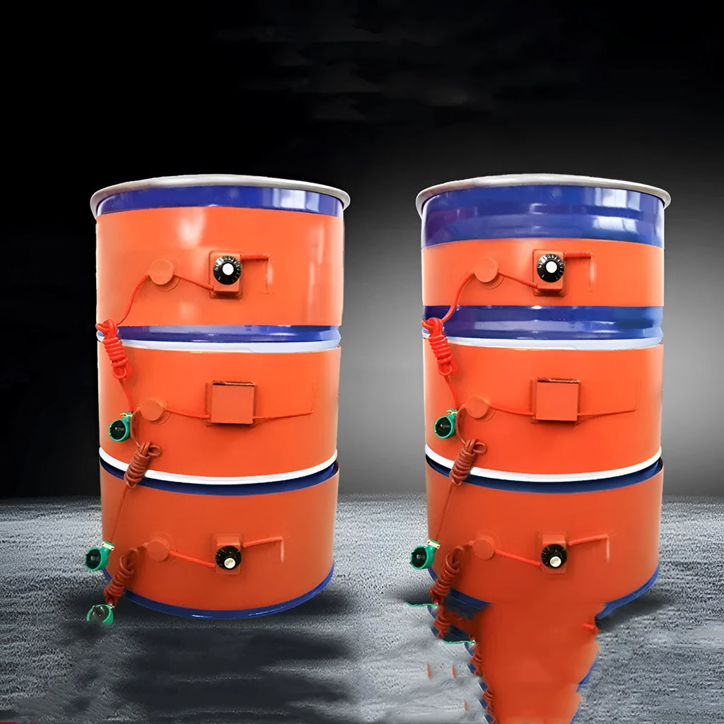 Silicone rubber heating belt wrapped around 200-litre oil drum with electrical controls