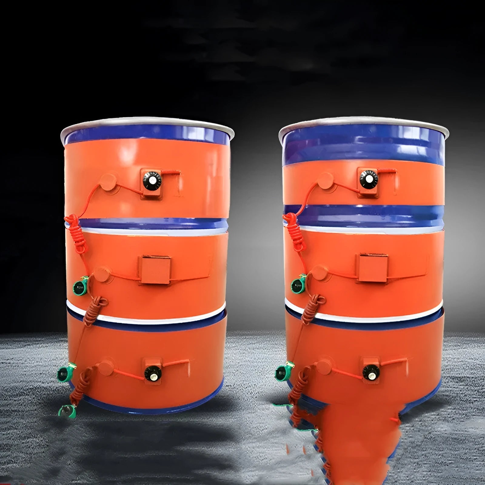 Silicone rubber heating belt wrapped around 200-litre oil drum with electrical controls