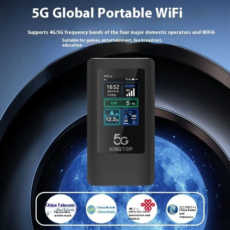 Black portable 5G Wi-Fi router with LCD display showing signal strength and battery level.