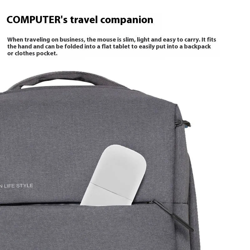 Black folding Bluetooth wireless mouse showing compact 131.2mm design with touch surface