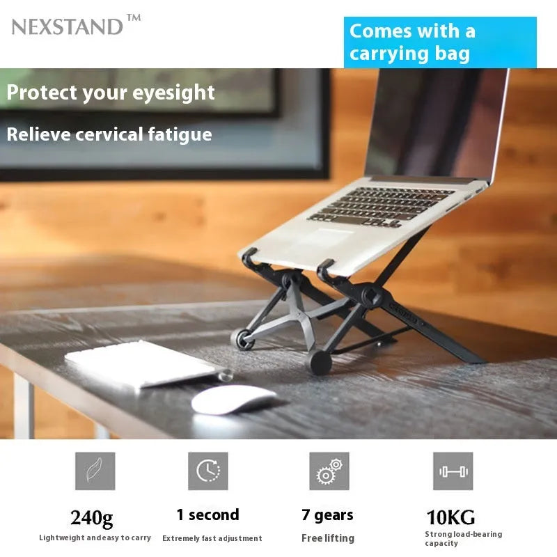 Sagacious black portable folding laptop stand with carrying case, shown folded to 40cm length.