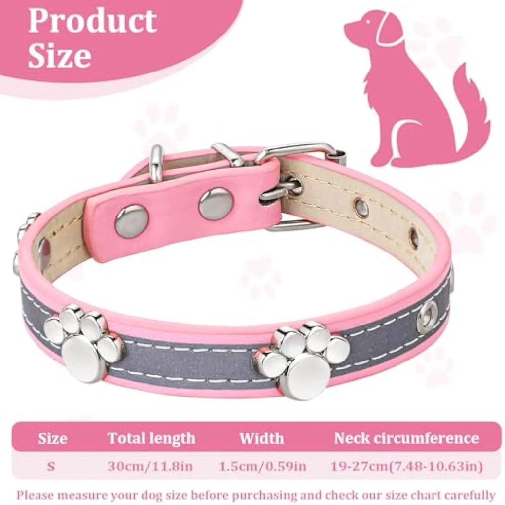 Reflective leather dog collar with a metal paw rivet, shown on an adjustable buckle.