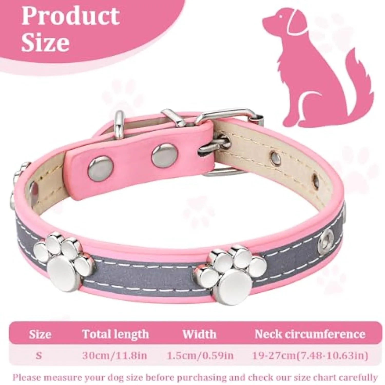 Reflective leather dog collar with a metal paw rivet, shown on an adjustable buckle.