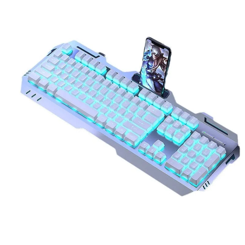 Aluminium alloy mechanical gaming keyboard with control knob in silver black colour with mixed lighting