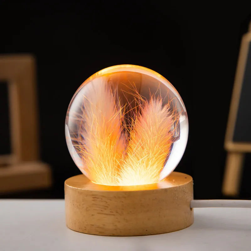 LED flower crystal ball night light with oak base, USB plug-in, dandelion daisy sunflower designs