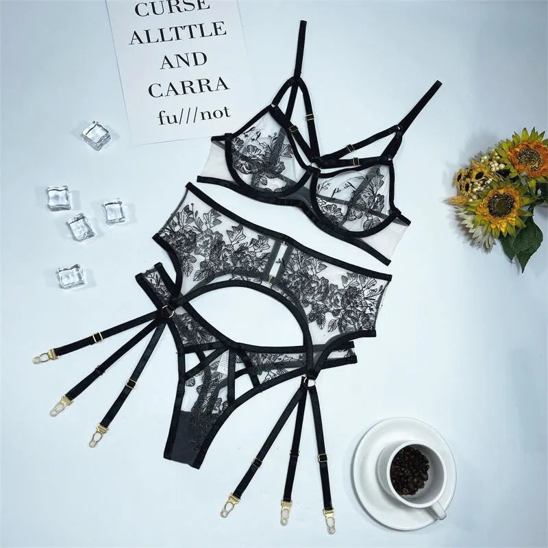 Black lace mesh floral print women's three-piece set with crop top and wide-leg trousers