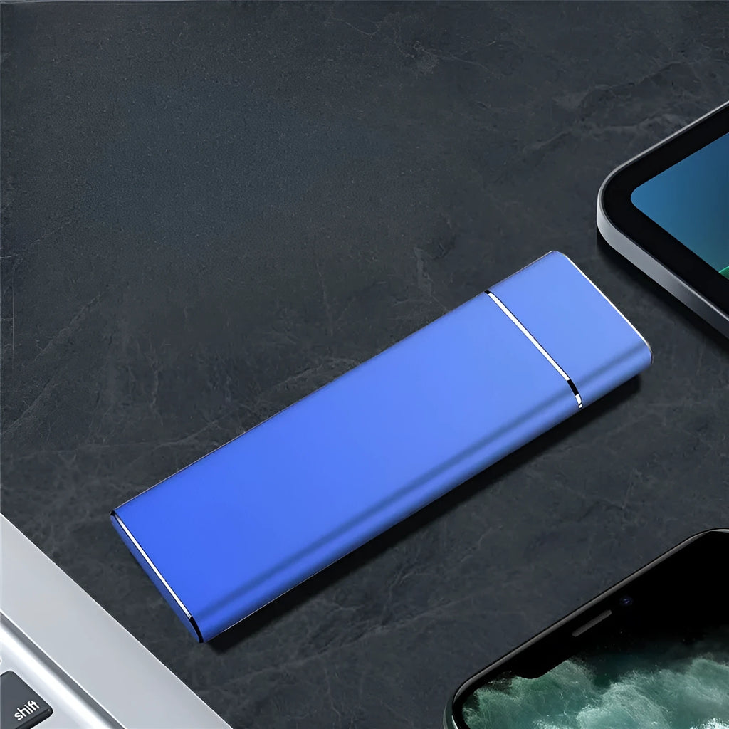 Sapphire blue portable solid state hard drive with metal shell measuring 10.3cm long