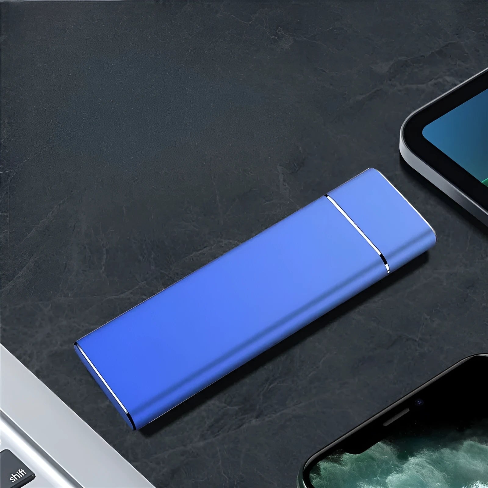 Sapphire blue portable solid state hard drive with metal shell measuring 10.3cm long