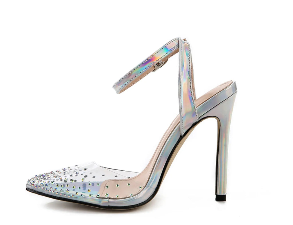 Women's pointed toe stiletto sandals with diamond details on a PVC upper.