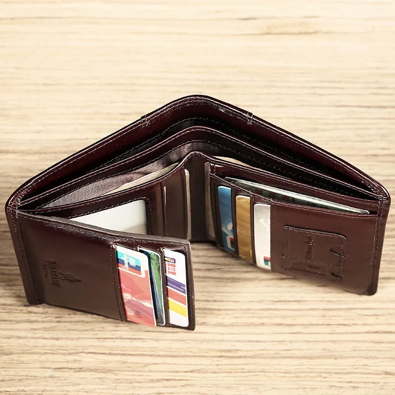 Men's leather wallet showing multiple internal compartments including photo position, card slots and banknote folder