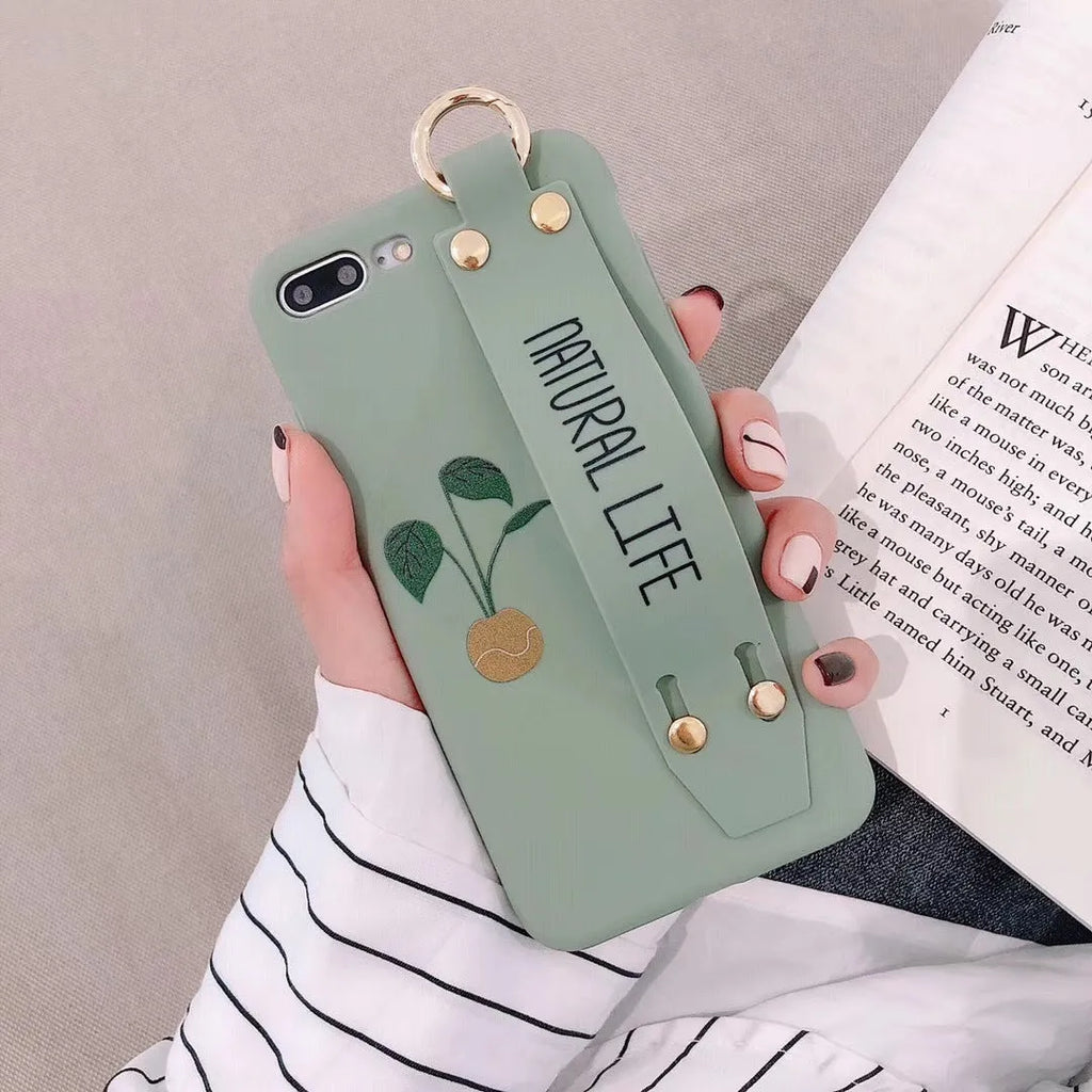 Green graffiti pattern wristband holder phone case for iPhone with integrated strap loop
