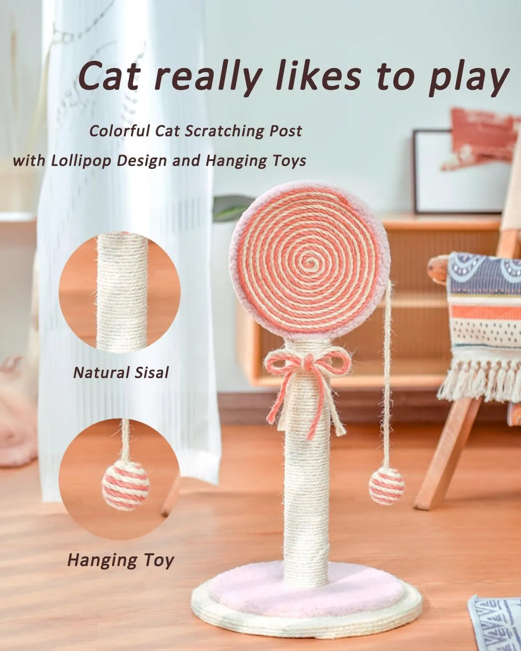 Blue cat scratching post with natural sisal rope and a hanging ball on a sturdy wooden base