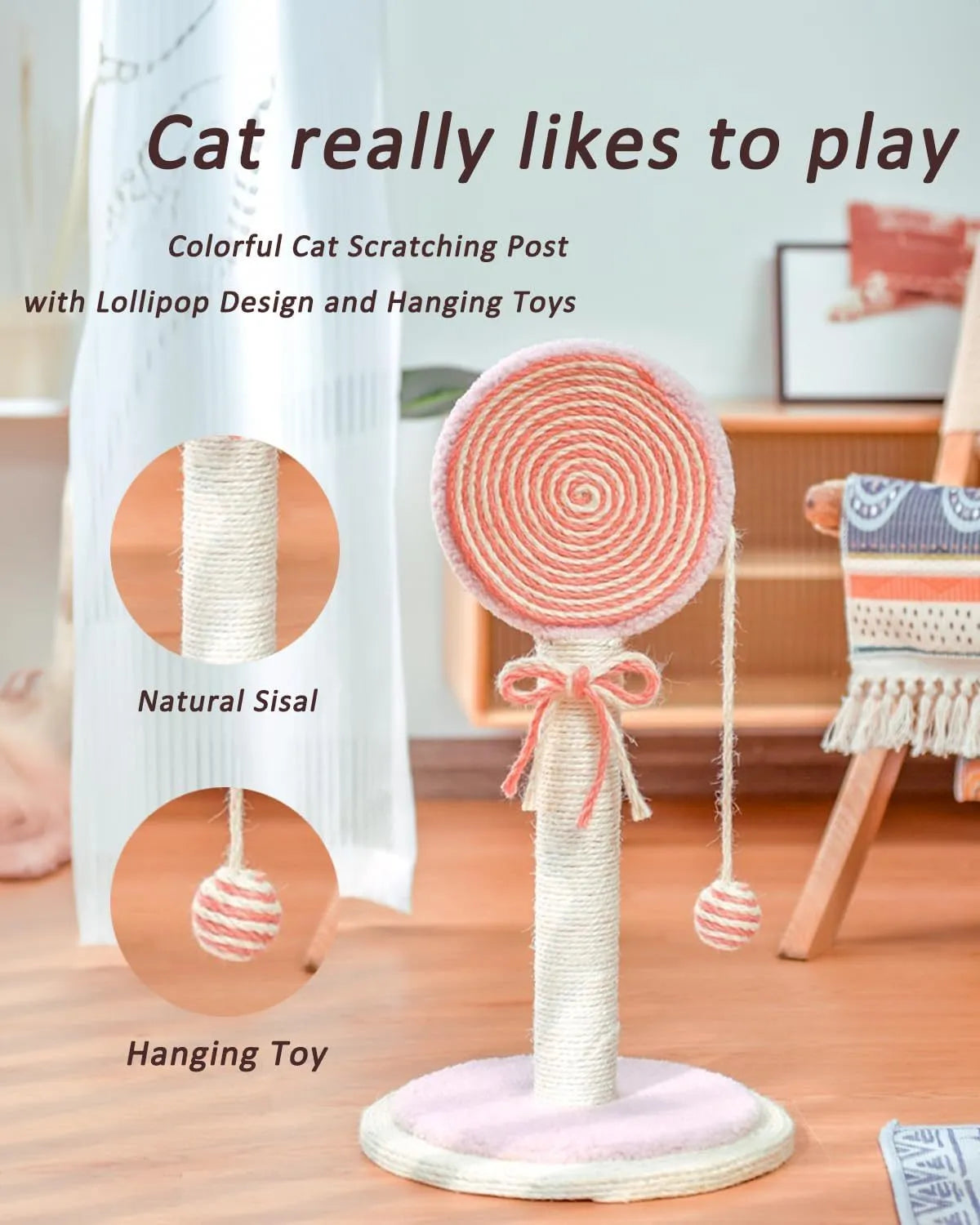 Blue cat scratching post with natural sisal rope and a hanging ball on a sturdy wooden base
