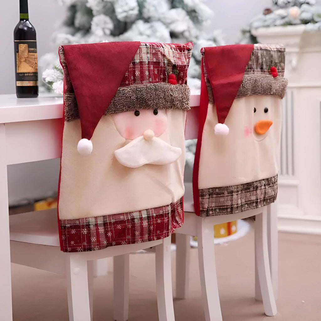 Christmas chair cover set with Santa Claus, Snowman, and Santa Hat designs on dining chairs