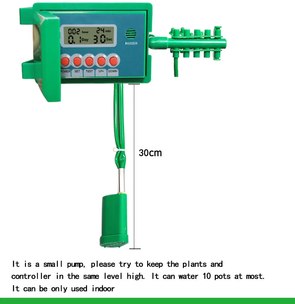 Green automatic micro drip irrigation kit with smart controller, 10m vinyl tube and 10 steel pegs