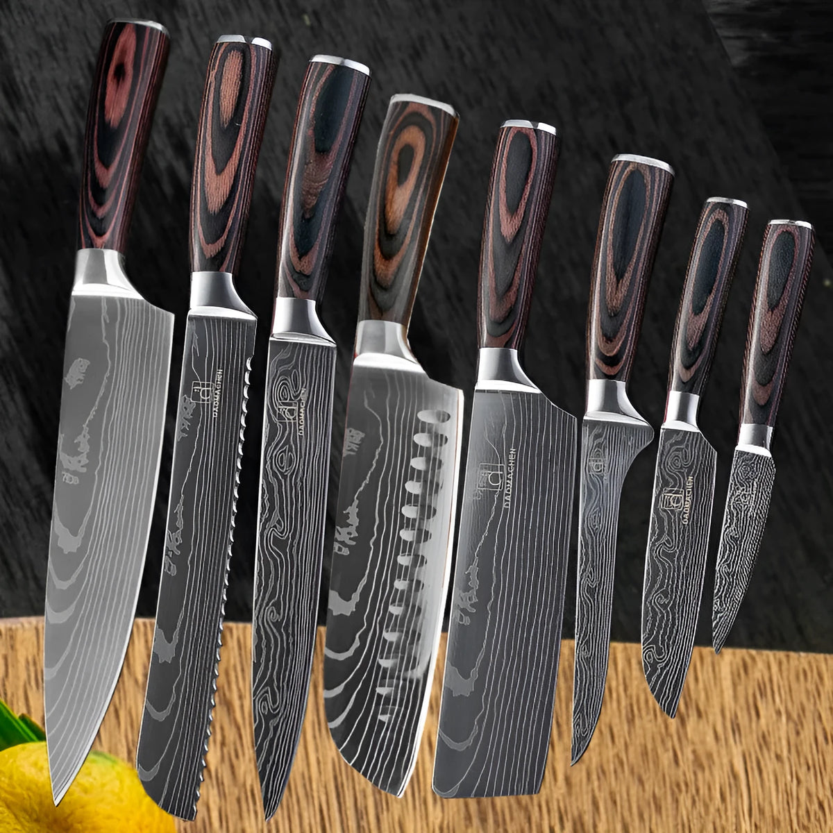 Kitchen knife set with Damascus-pattern stainless steel blades and colour steel handle.