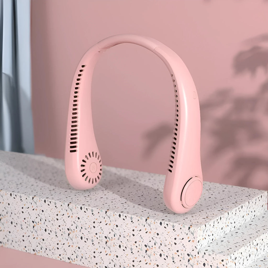 Pink USB rechargeable bladeless neck fan showing adjustable speed buttons and soft neckband.