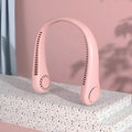 Pink USB rechargeable bladeless neck fan showing adjustable speed buttons and soft neckband.