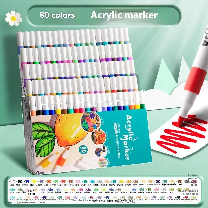 Boxed set of acrylic marker pens showing multiple colour options from 12 to 80 colour selections