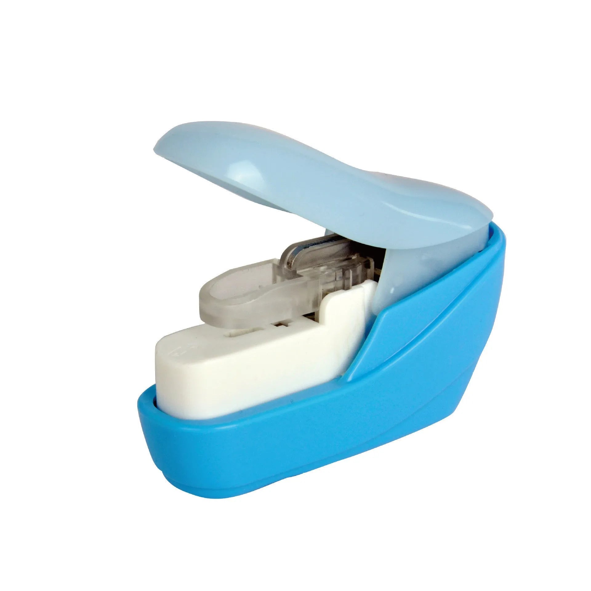 Compact stapler-free embossed paper binder in random colour on white background