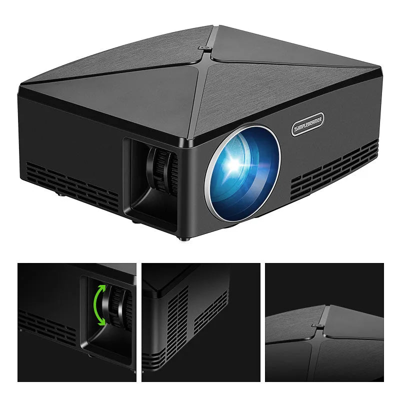 Black or white home desktop projector with glass lens, 1280x720dpi resolution, 40-120 inch projection, 0.8kg weight.