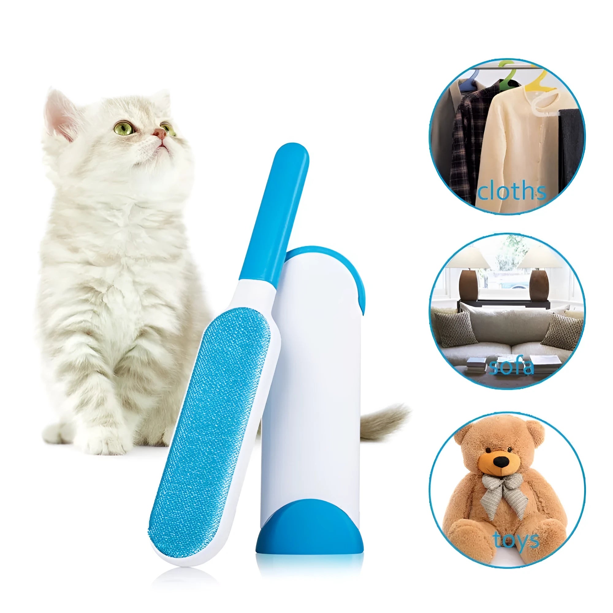 Blue reusable pet hair removal brush with self-cleaning base on a grey sofa.