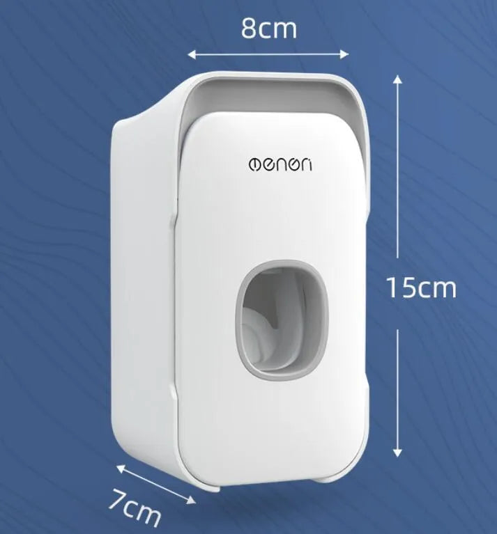 Wall-mounted automatic toothpaste dispenser in blue, grey, and pink colours