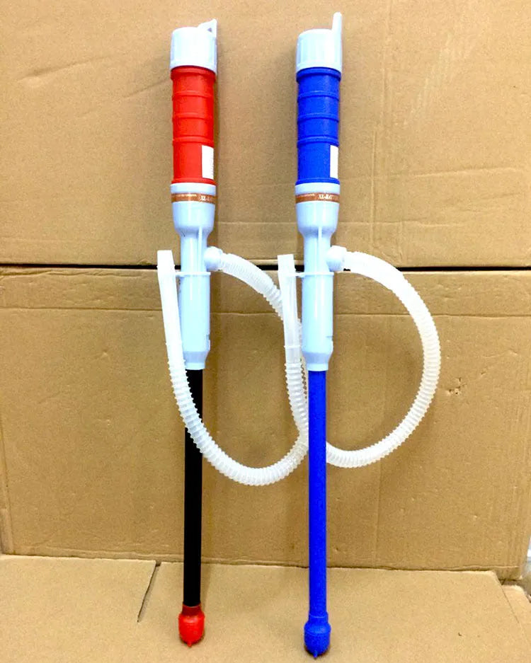 Blue and red manual siphon transfer pump for fuel, oil, and chemical liquids.