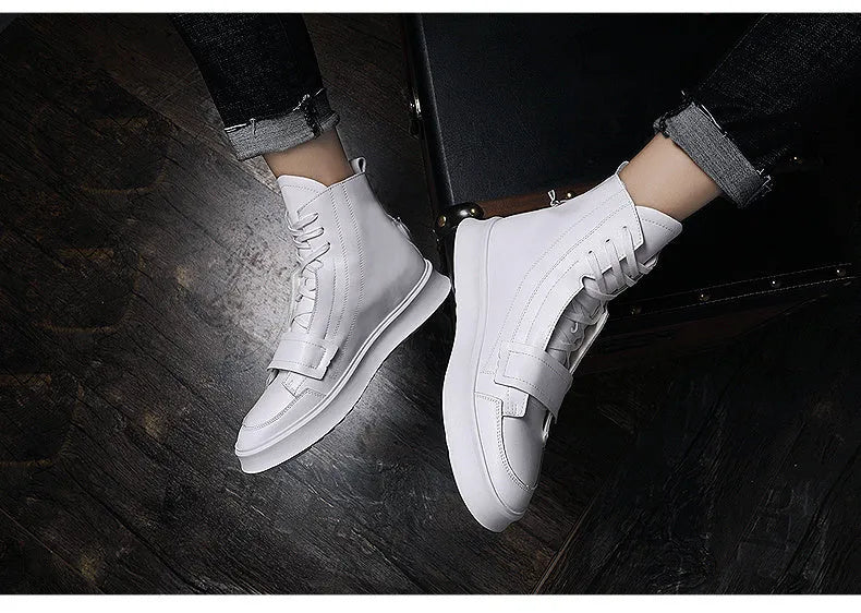 Men's black and white PU leather winter ankle boots with high-top sneaker styling showing size range 38-43