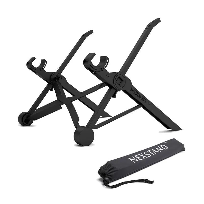 Sagacious black portable folding laptop stand with carrying case, shown folded to 40cm length.
